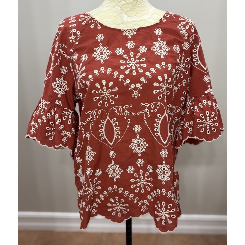 Given Kale Womens Top M Ivory Orange Embroidered Eyelet Boho Scallop Hem